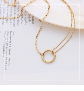 Detail of 18k gold plated choker featuring a square link chain and smooth round pendant