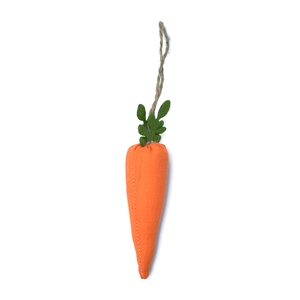 Detailed view of orange fabric Easter carrot banner with green leaves and jute rope loop