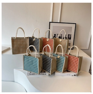 Collection of jute tote bags featuring colorful checkerboard patterns and wooden buttons