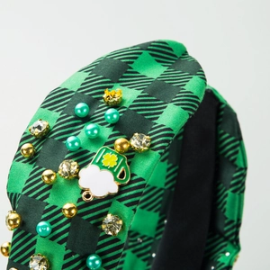 Plaid St. Patrick's Day headband with green pearls, rhinestones and beer mug charm