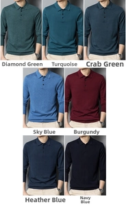 Collage of long-sleeved knit polo shirts for men in seven colors with buttoned collars