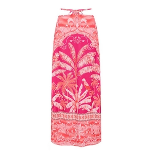 Detail of tropical palm and parrot print maxi skirt with baroque scroll floral borders