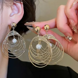 Multi Layer Round Hoop Artificial Pearl Drop Earrings With 925 Sterling Silver Earring Post Fashion Jewelry For Women