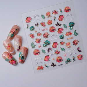 Detail of 5D embossed nail stickers featuring gold-edged peony flowers and leaves