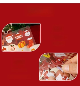 Detail of waterproof PVC Christmas stickers showing Santa and snowman with reusable adhesive