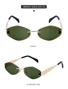Front and 45-degree side view of gold rimless sunglasses with G15 green lenses