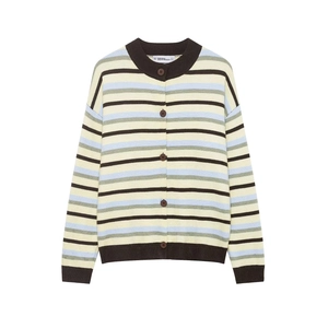 Women's pastel striped knit cardigan with brown buttons and ribbed trim in a loose fit