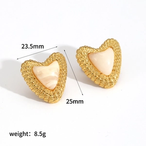French vintage heart stud earrings in gold stainless steel with marble texture resin