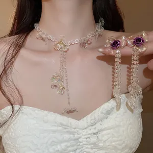 French vintage iridescent flower jewelry set with long tassel necklace and earrings
