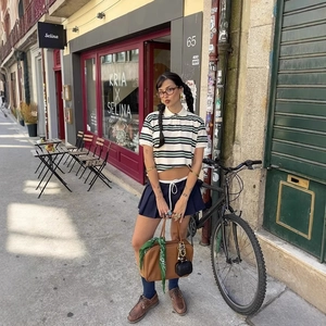 Polo A Righe Da Donna In Maglia Misto Cotone Maniche Corte Colore A Contrasto Stile Streetwear Americano Retro Top