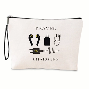 Detail of travel cable organizer bag with black chargers text and electronics icons