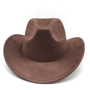 Detailed view of dark brown faux suede western cowboy hat with reinforced stitched brim