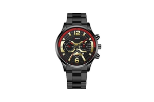 Gros plan sur la montre Geneva pour homme avec cadran noir, tachymètre et dateur intégré