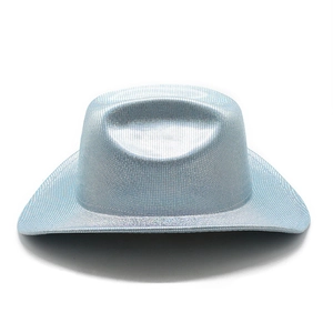 Detail of light blue metallic cowboy hat showing textured glitter fabric and curved brim