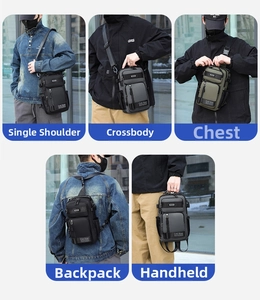 Multi-purpose tactical bag showing five different carrying modes on a male model