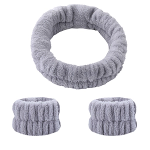 Set de 3 piezas de forro polar coral gris con diadema y muñequeras de lavado