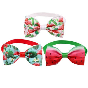 Three-piece pet bow ties featuring flamingo and watermelon patterns on ribbed webbing