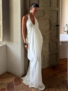Halter Neck Maxi Dress Deep V Backless Ruched Pleated Sleeveless Elegant Sexy Vacation Long Gown For Women