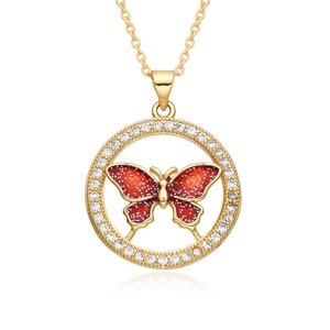 Elegant gold butterfly necklace with red enamel and pavé zircon pendant for women
