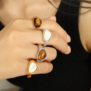 French vintage 18k gold plated tiger eye stone open ring set on model's hand