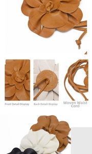 Detail view of woven PU leather waist rope with large layered floral accent and metallic tips