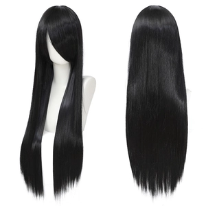 80cm long straight black cosplay wig with bangs, smooth texture, front and back view