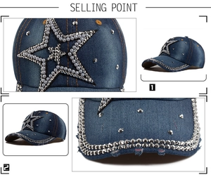 Detailed macro view of denim baseball cap featuring rhinestone star and metal rivets