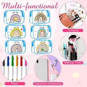 Detail view of multi-functional clear PVC cosmetic bags with blue zippers and rainbow prints