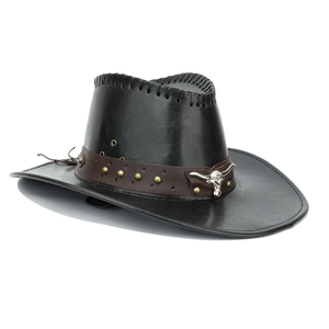 Chapeau de cowboy noir avec bandeau en cuir marron, rivets et pendentif tête de taureau