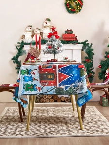 Detailed Christmas tablecloth with winter snowy red house pattern and festive characters