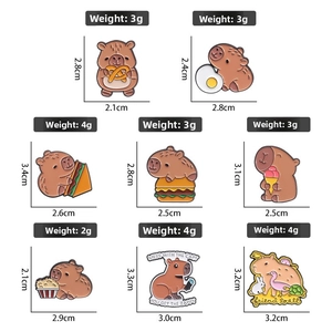 Detailed dimensions and weight of eight cute cartoon capybara enamel pins with snacks