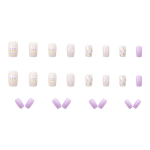 Short purple floral press-on nails with lavender plaid and white lace designs, 24 piece set