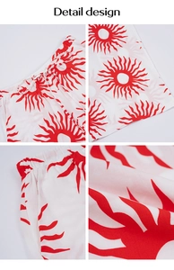 Détails du short en coton et lin blanc avec imprimé tournesol rouge et taille à cordon