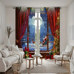 Rideaux de Noël avec motif Père Noël et rennes dans un salon moderne et chaleureux