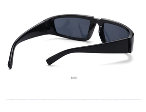 Back view of futuristic silver punk sunglasses with sleek black frame and gray lenses