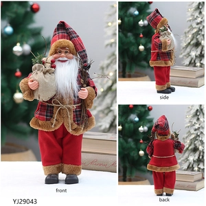 Front side and back views of an 18-inch standing Santa Claus doll with red plaid outfit