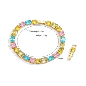 Detailed macro view of 17cm colorful gemstone bracelet with golden base and dimensions