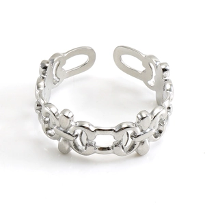 Polished silver stainless steel open ring with a vintage hollow interlocking chain design