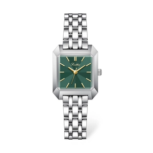 Elegant square women's watch with green sunray dial and silver stainless steel strap