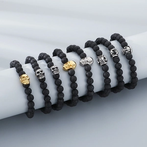 Skull Beaded Bracelet Lava Stone Volcanic Rock Punk Gothic Elastic Rock Retro Jewelry For Men Unisex Halloween Party
