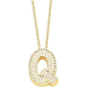 Macro detail of gold initial Q pendant with pavé set crystals on a cable chain