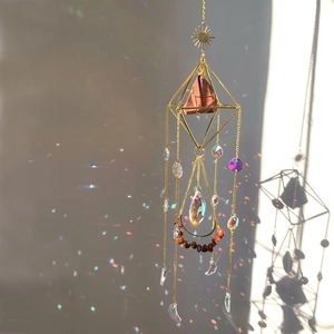 Detailed view of crystal sun catcher casting rainbow light spots on a wall