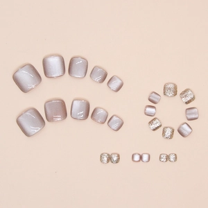 Detailed set of cat-eye morandi purple and silver glitter press-on toenails