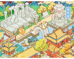 Detailed 3D landscape stickers featuring Beijing landmarks and cute cartoon dogs