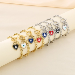 Edelstahl Gliederkette Armband Mit Emaille Herz Böser Blick Anhänger Und Knebelverschluss Mode Damen Schmuck