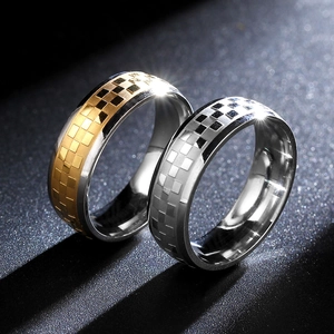 Checkered Band Ring 316 Stainless Steel Lattice Pattern Two-tone Minimalist Jewelry For Men Women