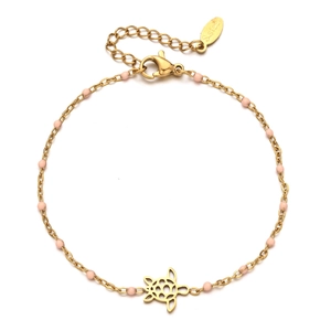 Detail of pink beaded stainless steel bracelet with a turtle charm and S.steel tag