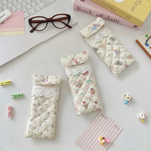 Quilted cotton padded glasses pouch with lace trim and heart button closure detail