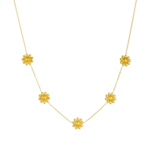 Gold stainless steel jewelry set featuring five 3D sunflower charms on minimalist chain