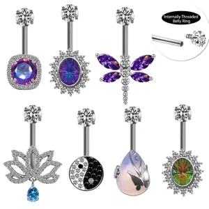 Internally Threaded Stainless Steel Belly Ring Zircon Lotus Dragonfly Butterfly Navel Piercing Body Jewelry